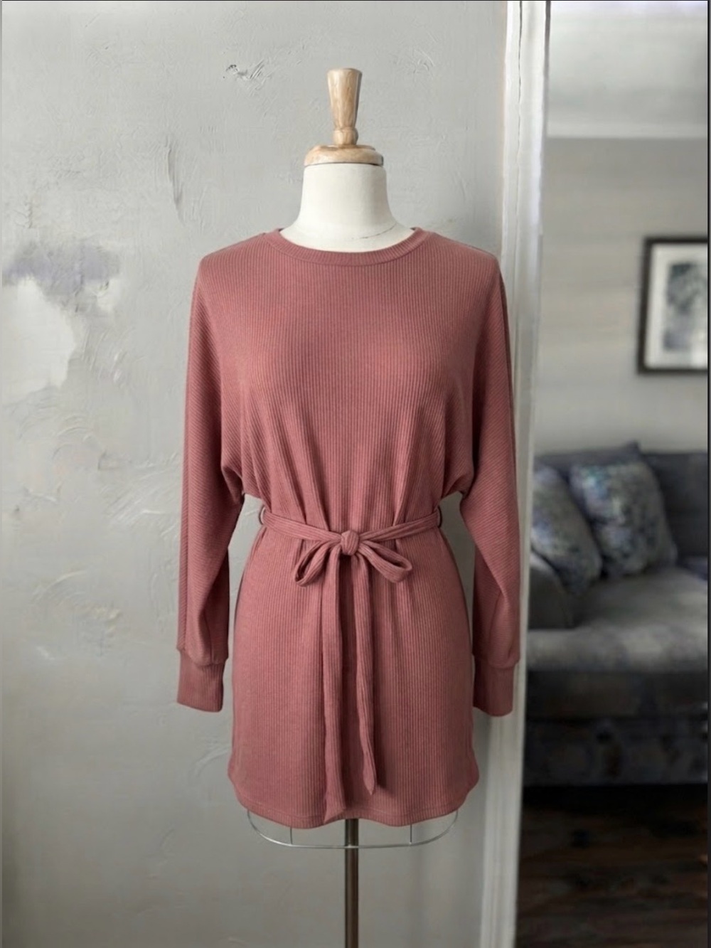 Revamped Long Sleeve Ribbed Tie-Waist Dress - Mauve